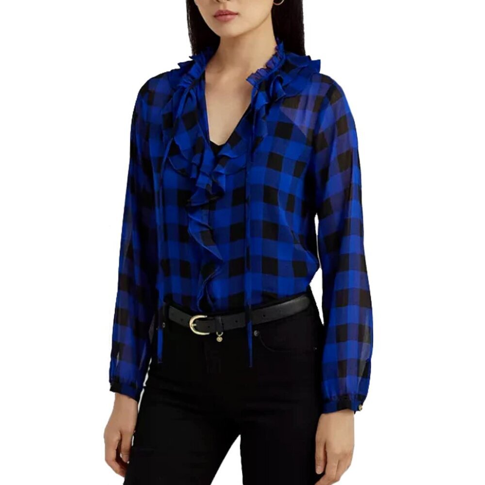 NWT Lauren Ralph Lauren Buffalo Check Ruffled Georgette Blouse Top